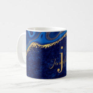 Caneca De Café Dourado e Azul Agate Moderno Elegante Marble Perso