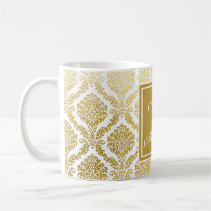 Caneca De Café Dourado Elegante e Branco Personalizado Damask