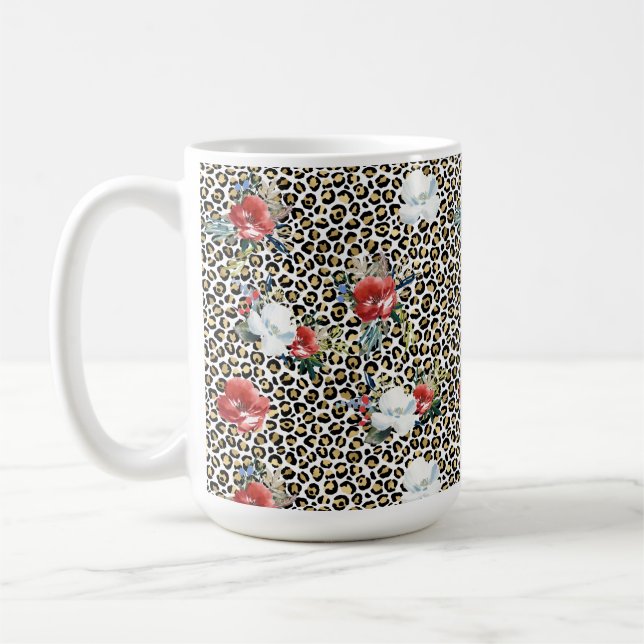 Caneca De Café Dourado Leopardo Impresso Vermelho Floral Branco (Esquerda)