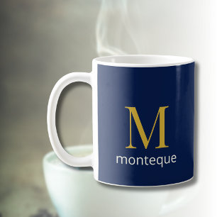 Caneca De Café Dourado Monograma Navy Profundo Nome Personalizado