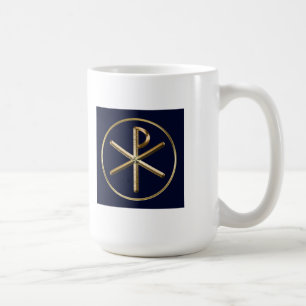 Caneca De Café Dourado no símbolo Chi-Rho azul escuro