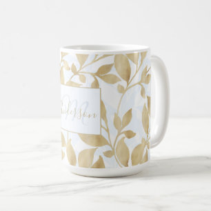 Caneca De Café Dourado padrão foliar branco