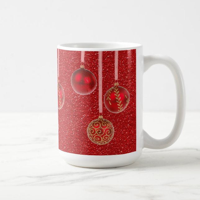 Caneca De Café Dourado Red Glitter Feliz Natal Baubles Mug (Direita)