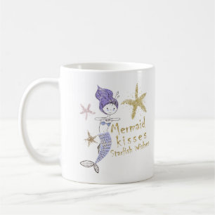 Caneca De Café Dourado Roxo Brilho Desejos de Sereia Beijos de Es