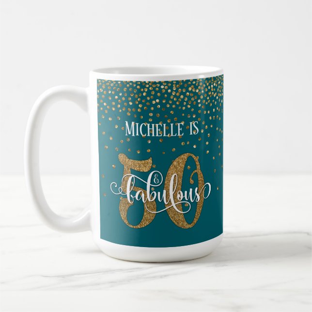 Caneca De Café Dourado Script Confetti 50 e fabuloso sobre Teal (Esquerda)