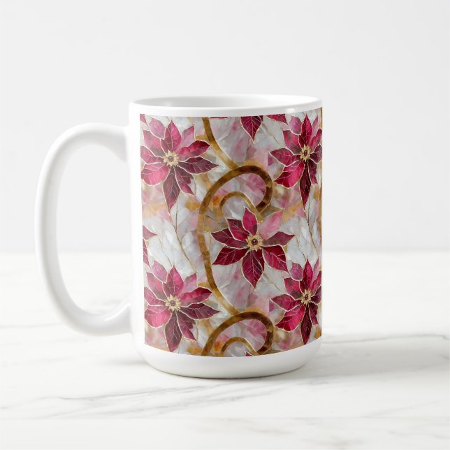 Caneca De Café Dourados Swirls Borgonha Rosa Poinsettias de Natal (Esquerda)
