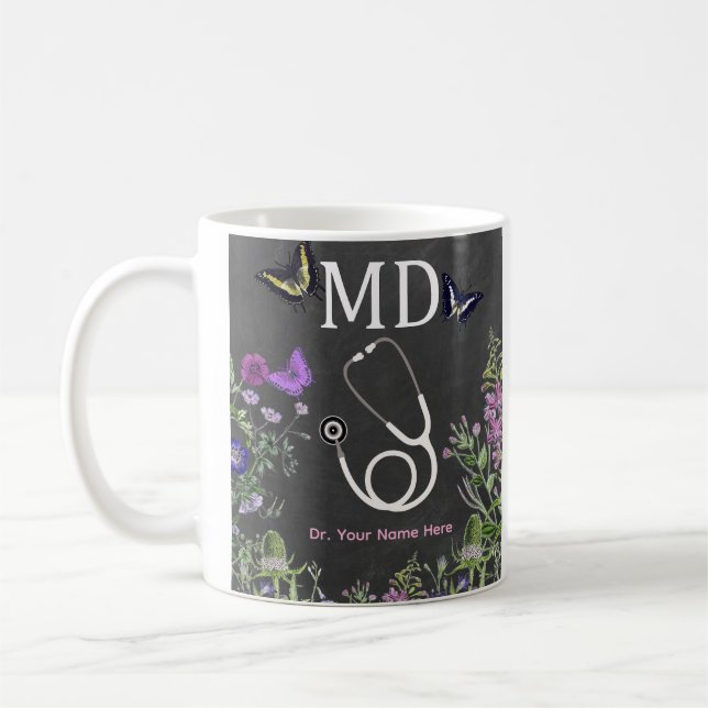 Caneca De Café Doutor MD Estetoscópio Personalizado Floral (Esquerda)