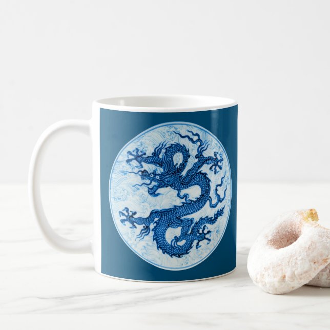 Caneca De Café Dragão Chinês, Azul Indigo e Mug de Café Branco (Com Donut)