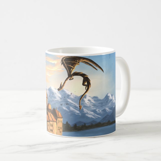 Caneca De Café Dragão de fantasia sobre o castelo (Frente Esquerda)