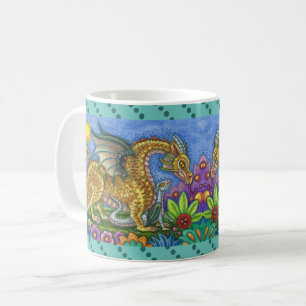 CANECA DE CAFÉ DRAGÃO MEDIEVAL E JARDIM DE ARTE FOLK JOVEM E COLO