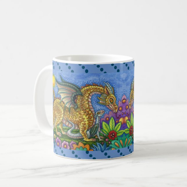 CANECA DE CAFÉ DRAGÃO MEDIEVAL E JARDIM DE ARTE FOLK JOVEM E COLO (Frente Esquerda)