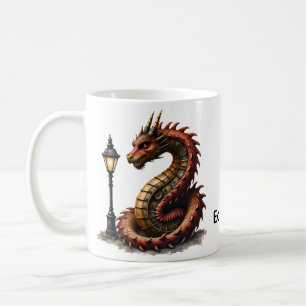 Caneca De Café Dragão Steampunk próximo a uma lâmpada de rua vint