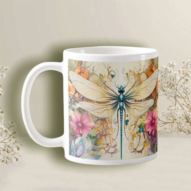 Caneca De Café Dragonfly E Flores Selvagens (Criador carregado)