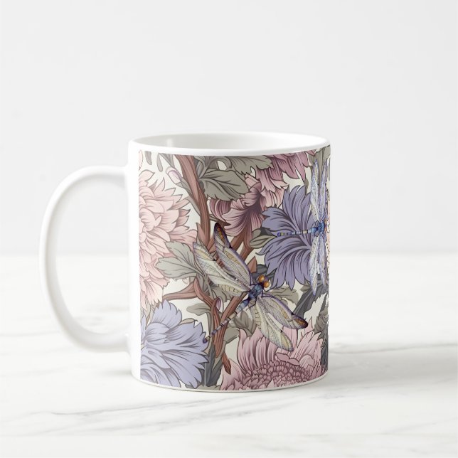 Caneca De Café Dragonfly Peony Pink Light Purple French Floral (Esquerda)