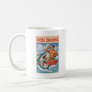 Caneca De Café Drama de Carretel Pescador de Tubarão   Pesca Retr
