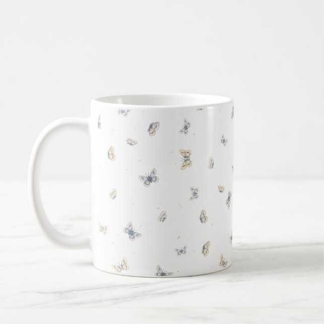 Caneca De Café Dreamy Blue & Cream Butterflies Impressão (Esquerda)