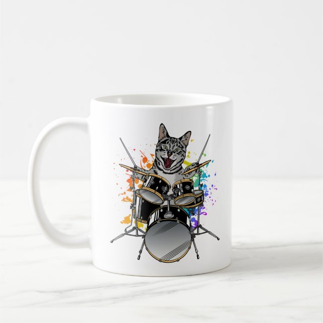 Caneca De Café Drummer Gato Tocando Tambores (Esquerda)