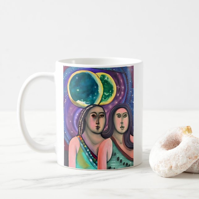 Caneca De Café Duas Meninas Sob As Luas (Com Donut)
