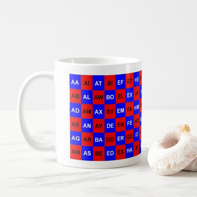 Caneca De Café Duas palavras - Letras Vermelho Azul Americano Ing (Com Donut)