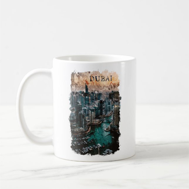 Caneca De Café Dubai UAE Watercolor Skyline (Esquerda)