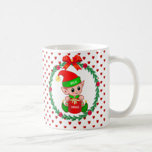 Caneca De Café Duende de Natal, grinalda de pinheiro, bolas verme
