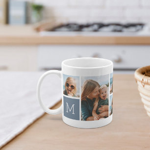 Caneca De Café Dusty Blue Colagem de Fotos em Grade de Monogram