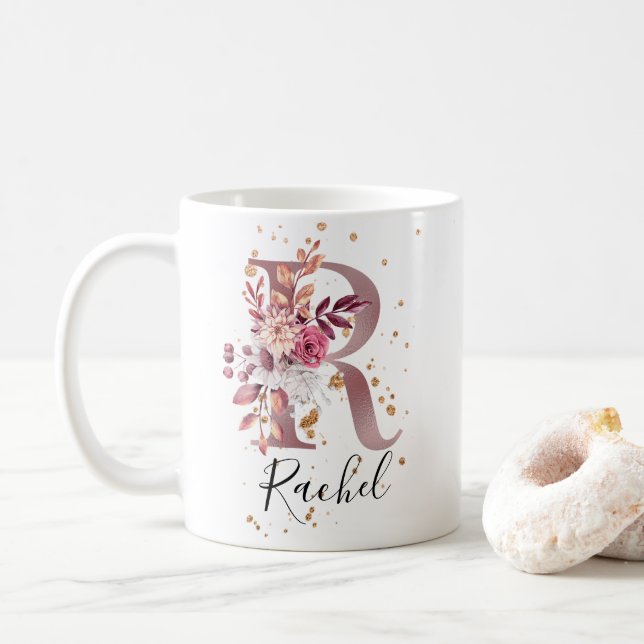 Caneca De Café Dusty Rosa Mauve Floral Rosa Monograma - Letra R (Com Donut)