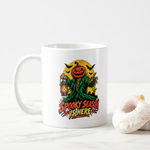 Caneca De Café É Aqui a Temporada Assustadora Abóbora Cabeça Espa