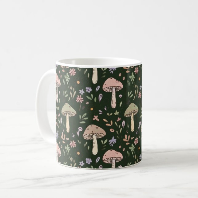 Caneca De Café Earthy Olive Green Fungi Seamless Pattern Rustic (Frente Esquerda)
