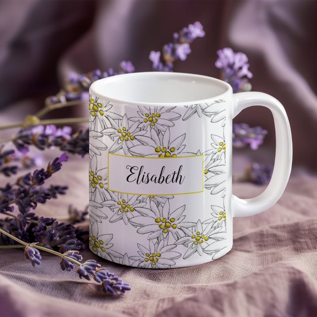 Caneca De Café Edelweiss - Cor de Água Personalizada Ilustrada À  (This Edelweiss mug features personalization in script among my own hand-drawn wildflowers.)