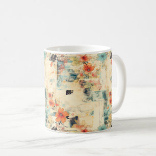 Caneca De Café Efémera Floral Azul Laranja Antiga Desbotada