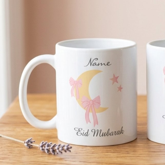 Caneca de Café Eid Lua com Laço Rosa Personalizado (Criador carregado)