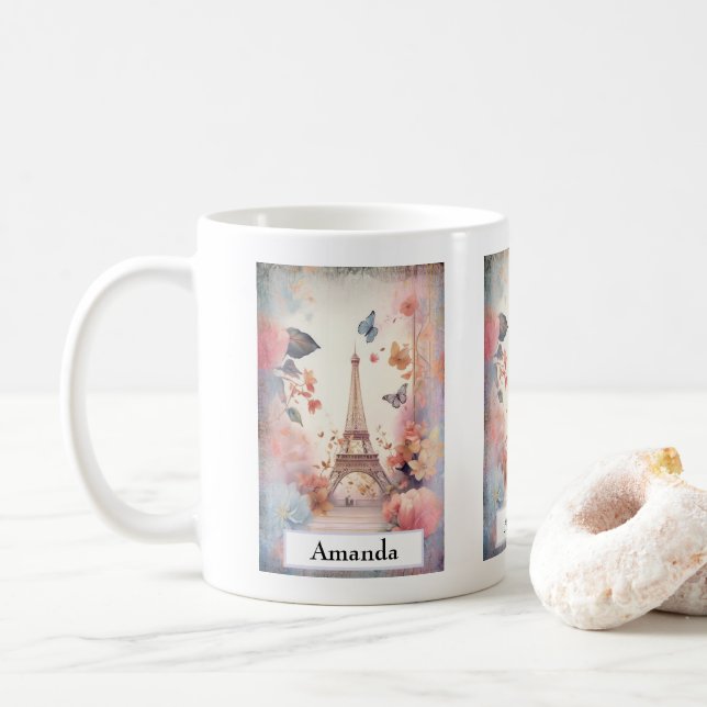 Caneca De Café Eiffel Tower Butterflies and Flowers (Com Donut)