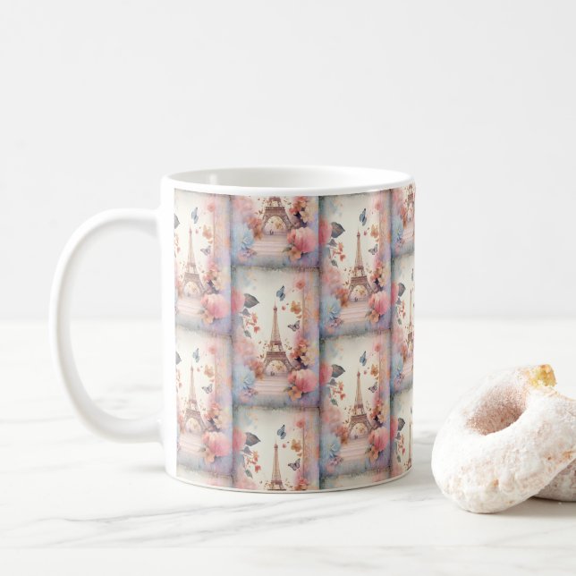 Caneca De Café Eiffel Tower Butterflies and Flowers Pattern (Com Donut)
