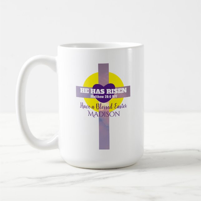 Caneca De Café Ele Aumenta O Nome Personalizado Da Páscoa Versa D (Esquerda)