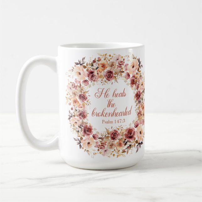 Caneca De Café Ele Cura os Corações Partidos Floral de Outono  (Esquerda)