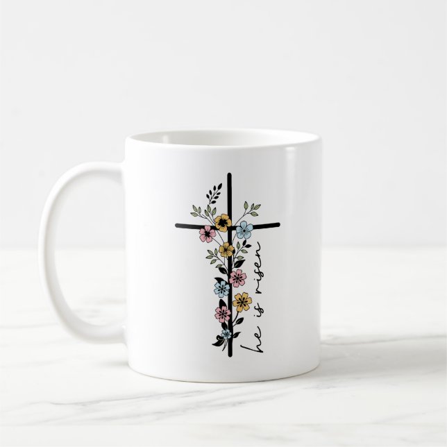 Caneca De Café Ele é Risen Floral Cross Felz pascoa (Esquerda)