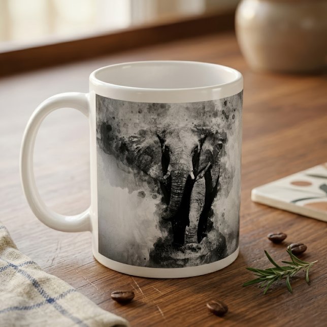 Caneca De Café Elefante Africano Aquarela Preto e Branco (African Elephant Black and White Watercolor. Coffee Mug)