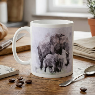 Caneca De Café Elefante-Africano Fêmea com Filhote Aquarela
