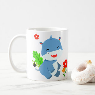 Caneca De Café Elefante Azul Cinto Com Flores Vermelhas