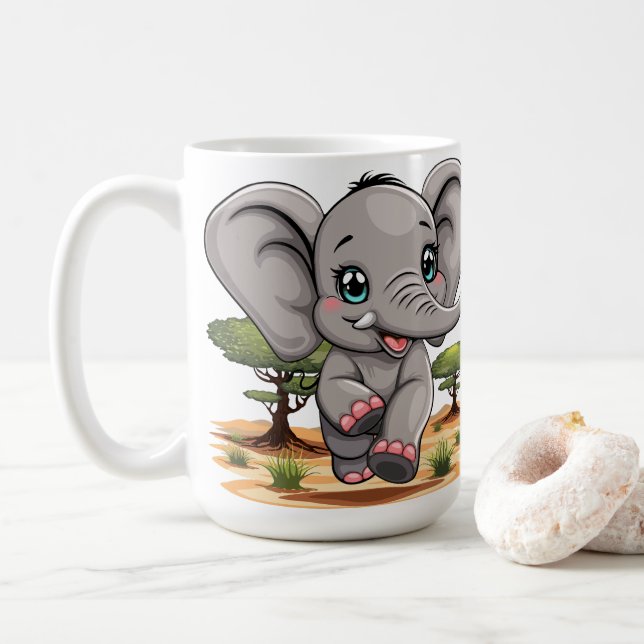 Caneca De Café Elefante Bebê Pulando Feliz em Savana Africana (Com Donut)