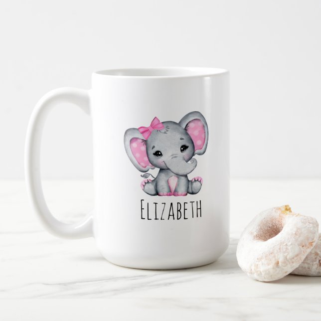 Caneca De Café Elefante-bebê rosa-claro com orelhas-Bolinhas (Com Donut)