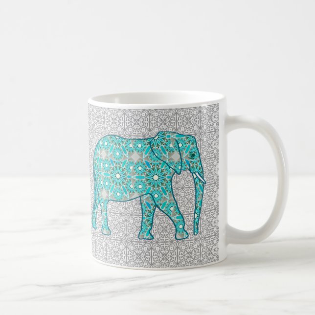 Caneca De Café Elefante de flor de Mandala - turquesa, cinza e br (Direita)