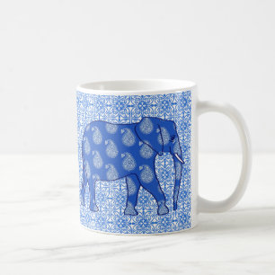 Caneca De Café Elefante de Paisley - azuis cobaltos e branco