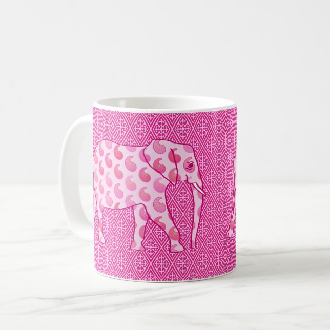 Caneca De Café Elefante de Paisley - rosa-gelo e fuchsia (Frente Esquerda)