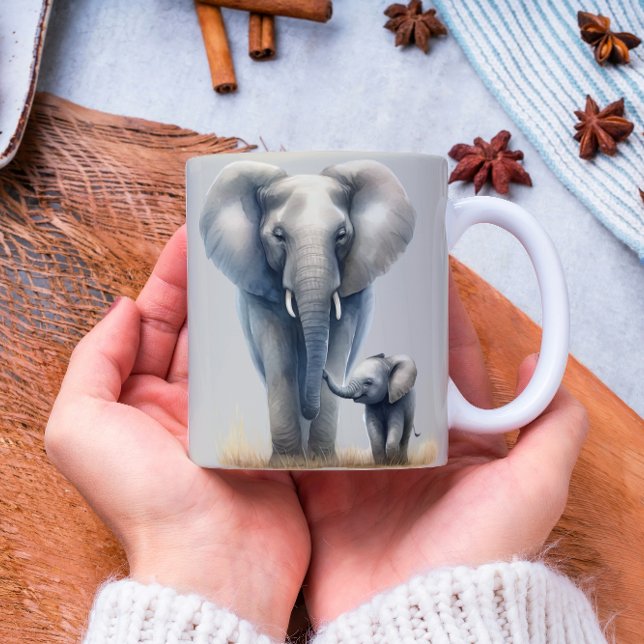 Caneca De Café Elefante Majestoso Africano e Bebê em Aquarela (Criador carregado)