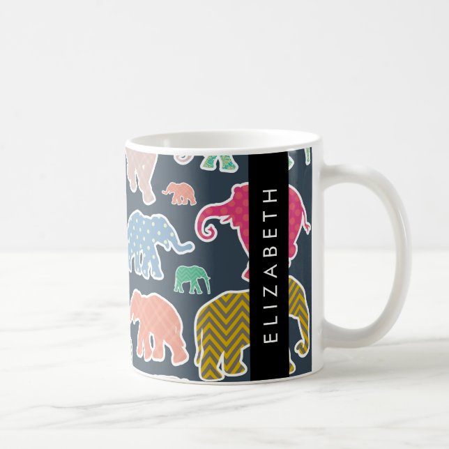 Caneca De Café Elefantes Coloridos, Padrão Elefante, Seu Nome (Direita)
