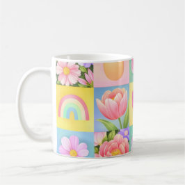 Caneca De Café Elegant Abstract Floral Checkerboard Pattern