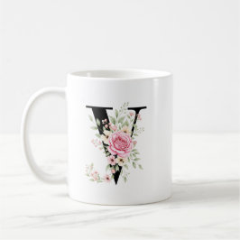 Caneca De Café Elegant Alphabet Coffee Cup with Pink Rose Design