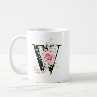Caneca De Café Elegant Alphabet Coffee Cup with Pink Rose Design